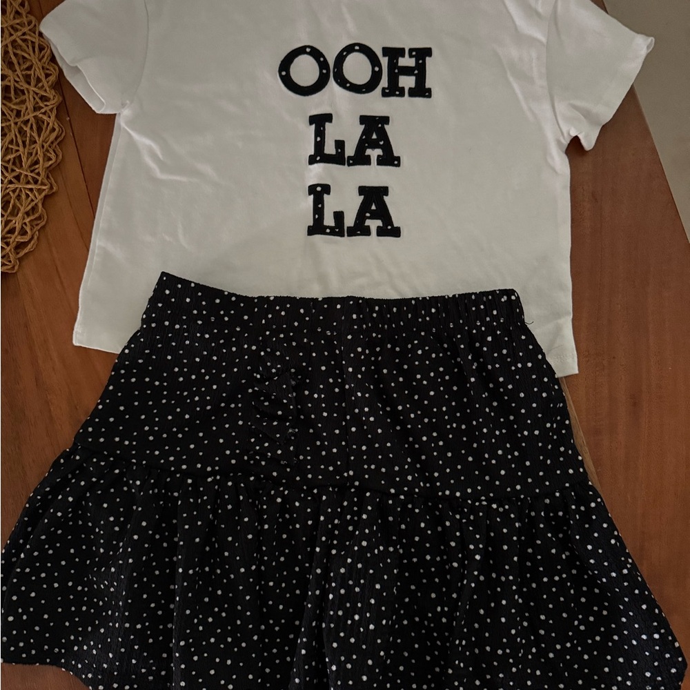 NWOT White Graphic Tee and Black Polka Dot Skirt Set